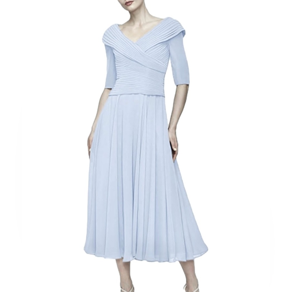 V Neck Tea-Length Light Blue Half Sleeve Evening Cocktail Dress Pleated Details